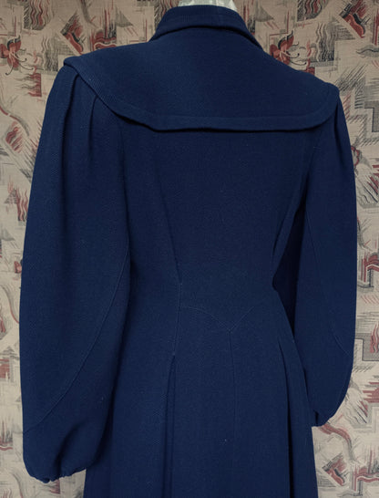 RARE 1940s II0II Dark Blue Wool Coat Balloon Sleeve UK S/M