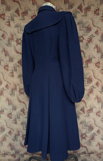 RARE 1940s II0II Dark Blue Wool Coat Balloon Sleeve UK S/M