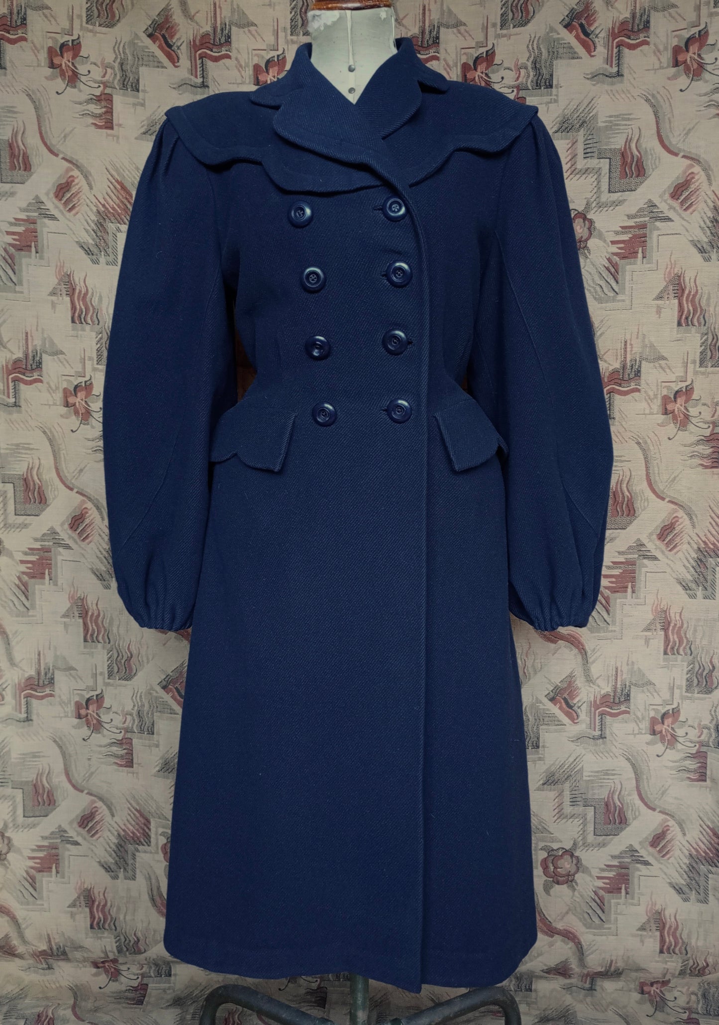 RARE 1940s II0II Dark Blue Wool Coat Balloon Sleeve UK S/M