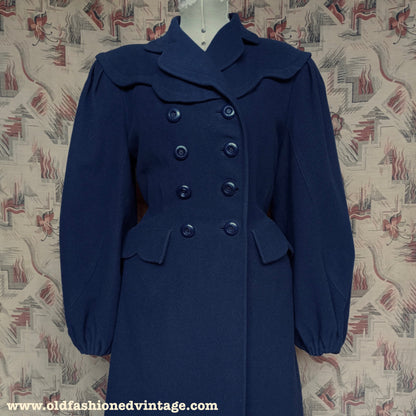 RARE 1940s II0II Dark Blue Wool Coat Balloon Sleeve UK S/M