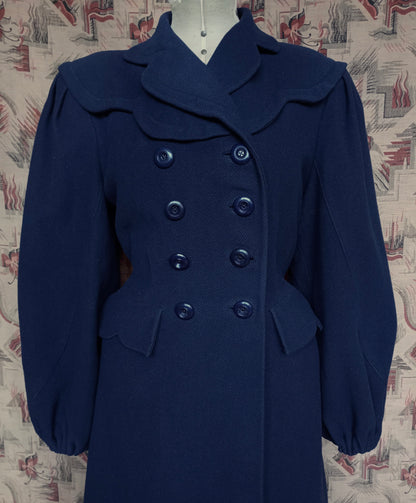 RARE 1940s II0II Dark Blue Wool Coat Balloon Sleeve UK S/M