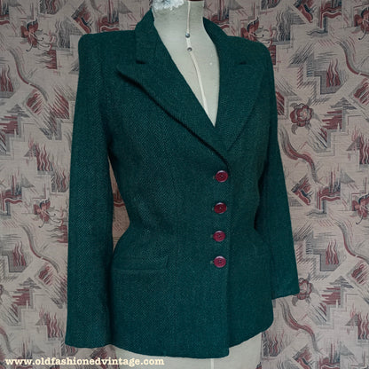 Vintage 1940s Tweed Jacket Green Wool UK S/M