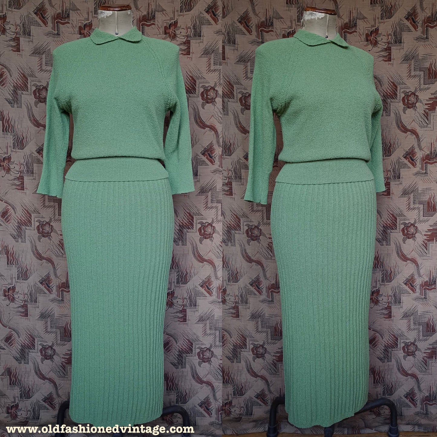 Vintage 1950s Green Wool Knit Set Sweater Skirt 40s UK S