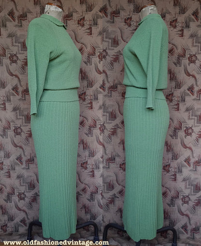 Vintage 1950s Green Wool Knit Set Sweater Skirt 40s UK S