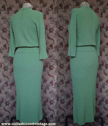 Vintage 1950s Green Wool Knit Set Sweater Skirt 40s UK S