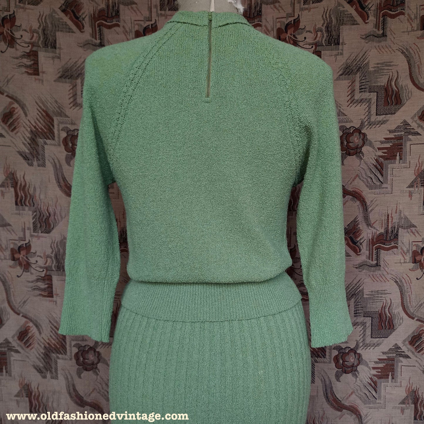 Vintage 1950s Green Wool Knit Set Sweater Skirt 40s UK S