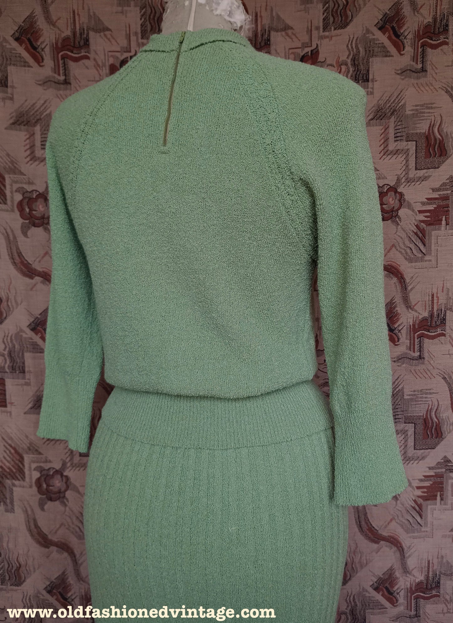 Vintage 1950s Green Wool Knit Set Sweater Skirt 40s UK S