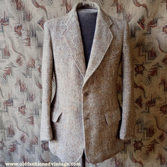 Vintage 1940s 1950s Herringbone Donegal Tweed Sports Jacket Beige Brown Flecked 38"