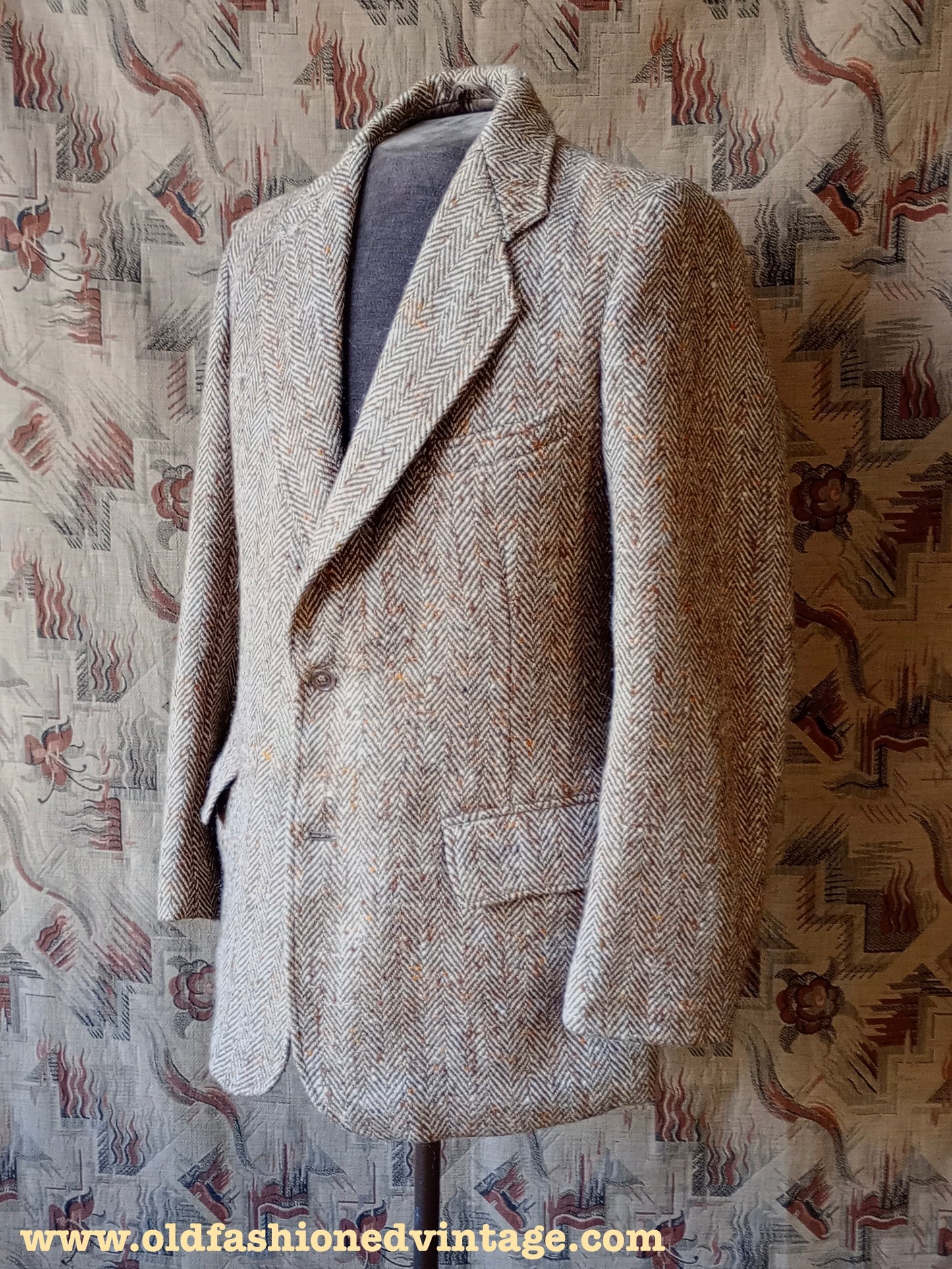 Vintage 1940s 1950s Herringbone Donegal Tweed Sports Jacket Beige Brown Flecked 38"