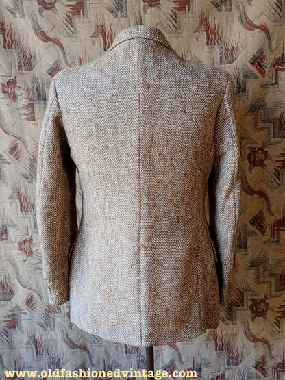 Vintage 1940s 1950s Herringbone Donegal Tweed Sports Jacket Beige Brown Flecked 38"