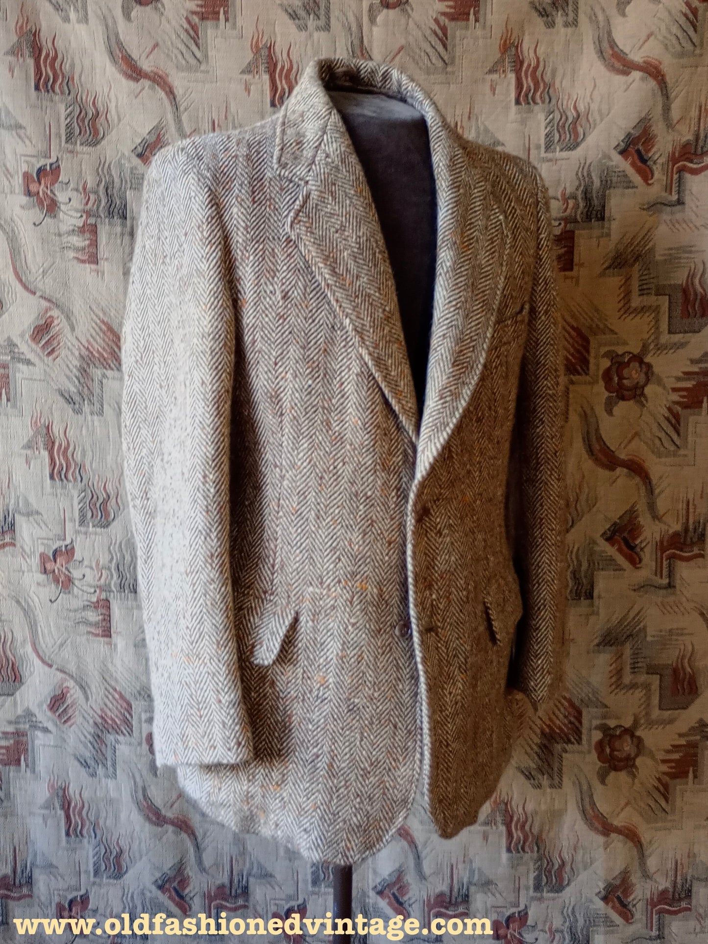 Vintage 1940s 1950s Herringbone Donegal Tweed Sports Jacket Beige Brown Flecked 38"