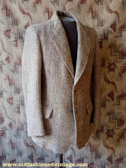 Vintage 1940s 1950s Herringbone Donegal Tweed Sports Jacket Beige Brown Flecked 38"