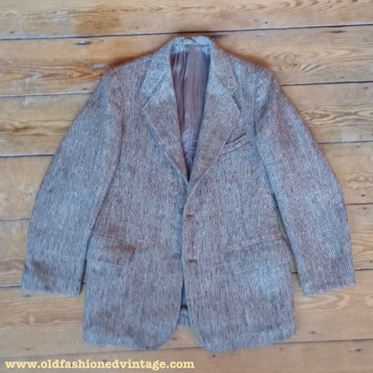 Vintage 1940s 1950s Herringbone Donegal Tweed Sports Jacket Beige Brown Flecked 38"