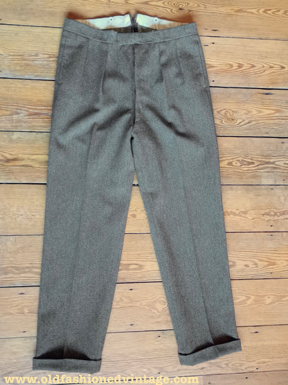 Vintage Mens 1950s Donegal Tweed Trousers Olive Brown Green Fleck Pants 36 x 33 1/2