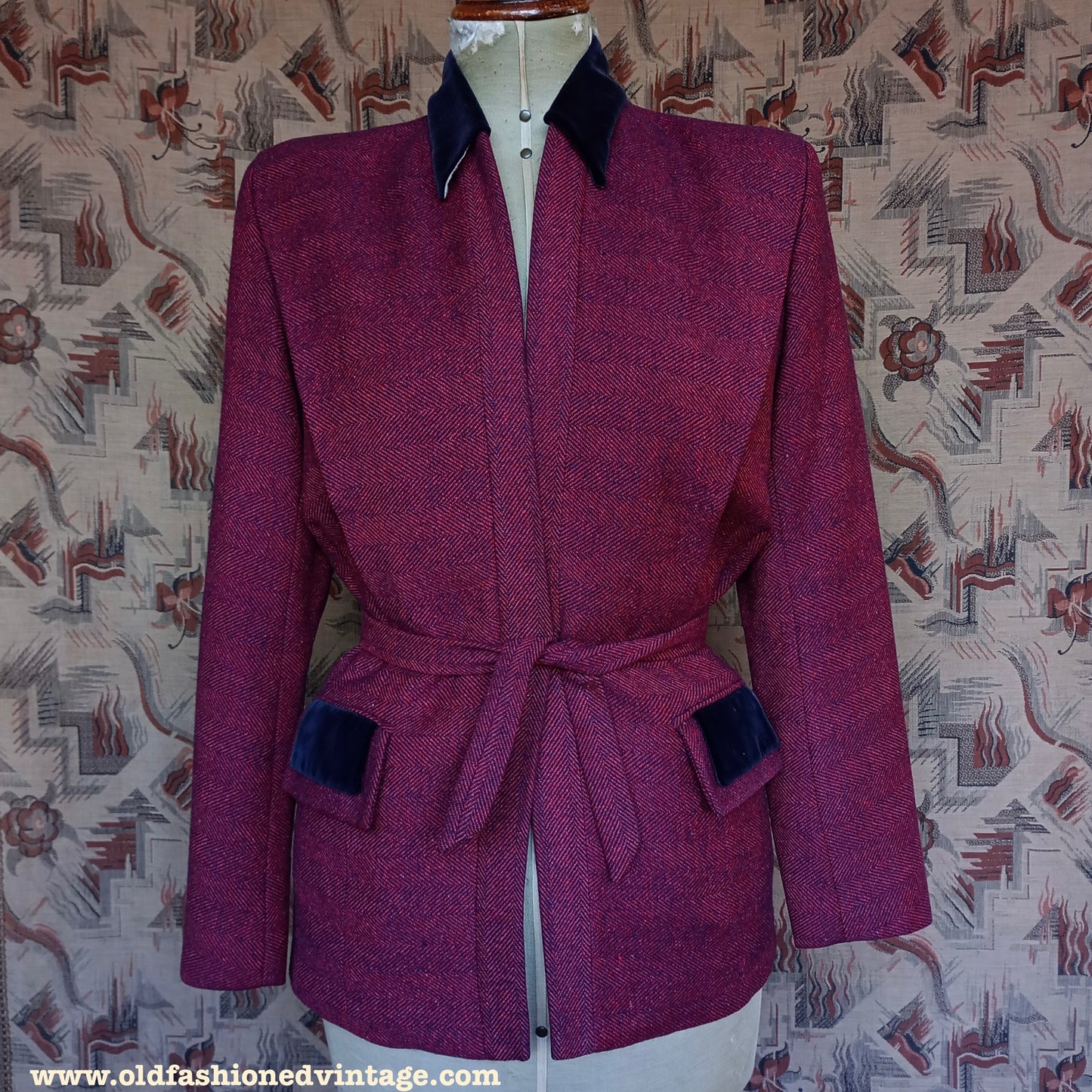 Vintage 1940s Jacket Red Blue Striped Velvet Collar UK S/M