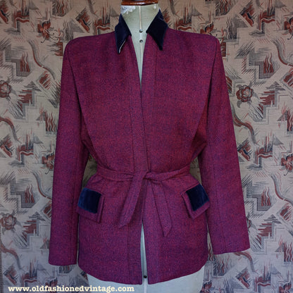 Vintage 1940s Jacket Red Blue Striped Velvet Collar UK S/M