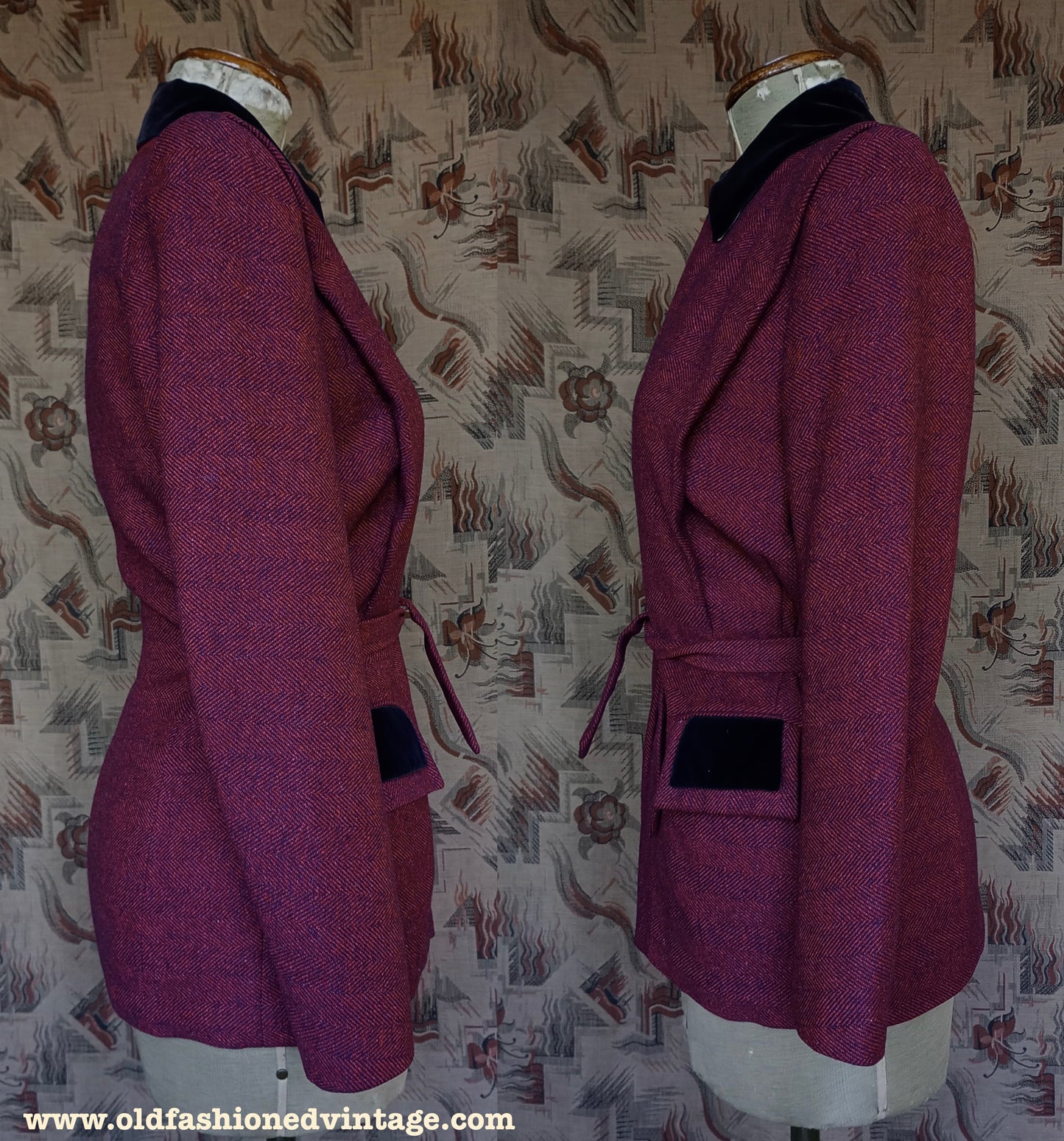 Vintage 1940s Jacket Red Blue Striped Velvet Collar UK S/M