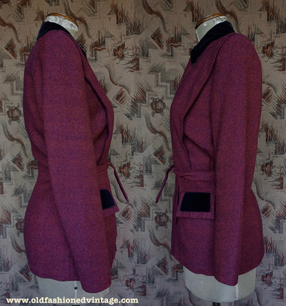 Vintage 1940s Jacket Red Blue Striped Velvet Collar UK S/M