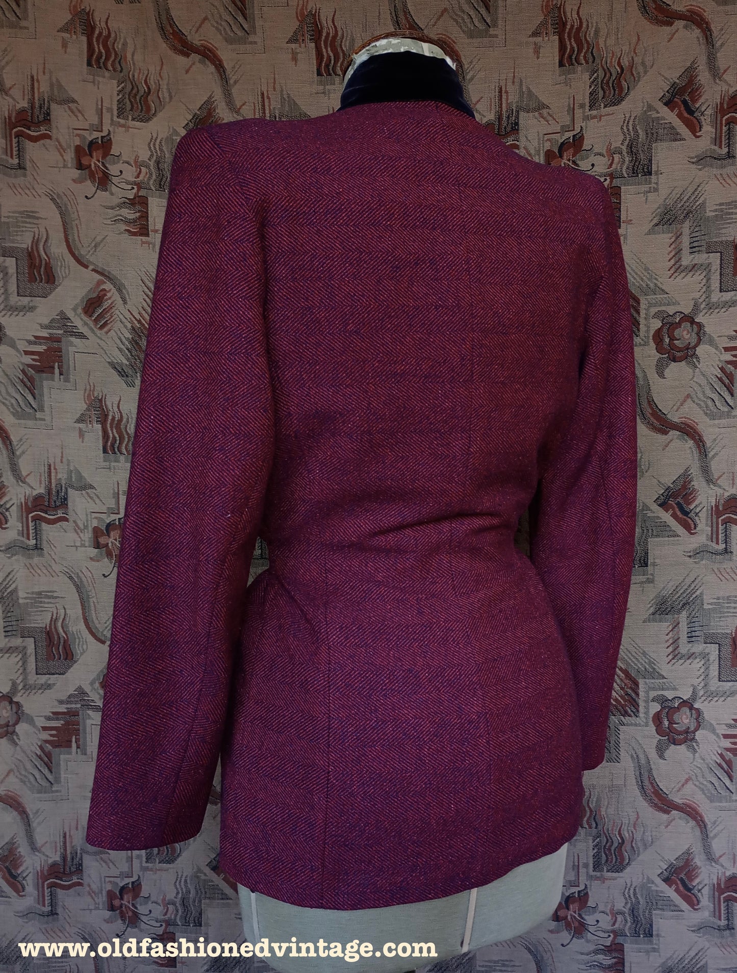 Vintage 1940s Jacket Red Blue Striped Velvet Collar UK S/M