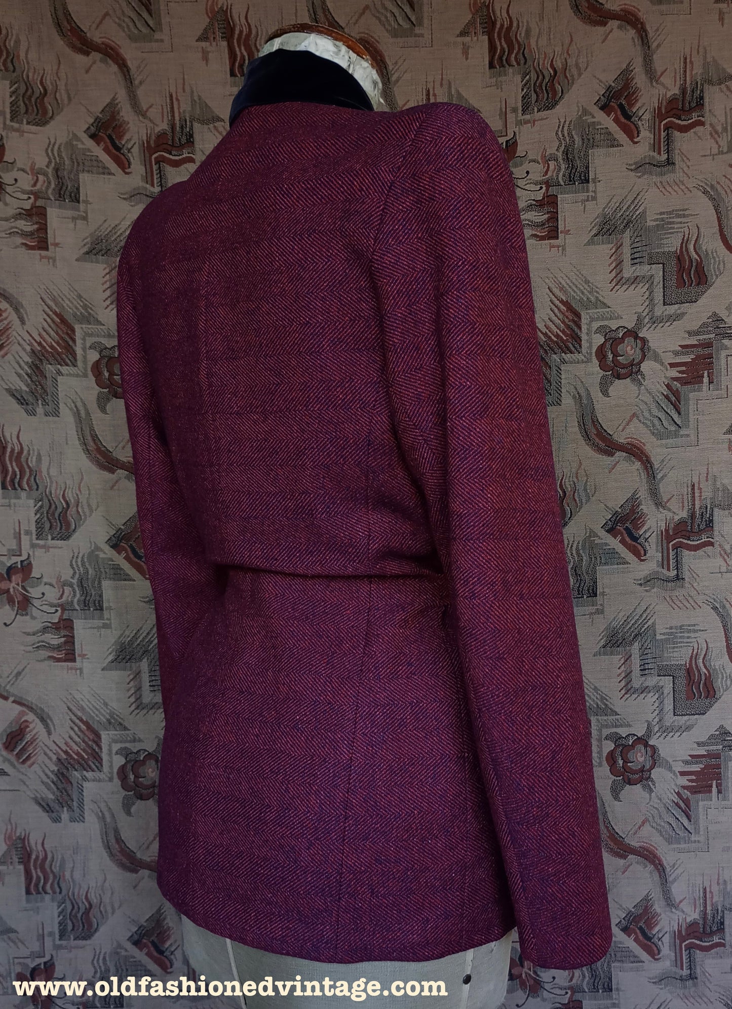 Vintage 1940s Jacket Red Blue Striped Velvet Collar UK S/M