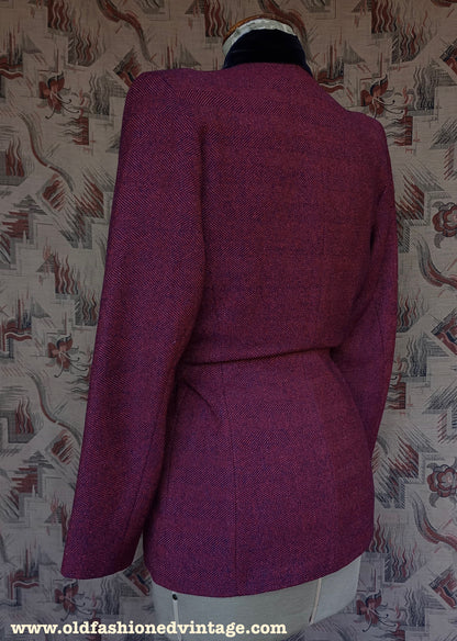 Vintage 1940s Jacket Red Blue Striped Velvet Collar UK S/M