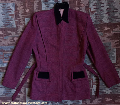 Vintage 1940s Jacket Red Blue Striped Velvet Collar UK S/M