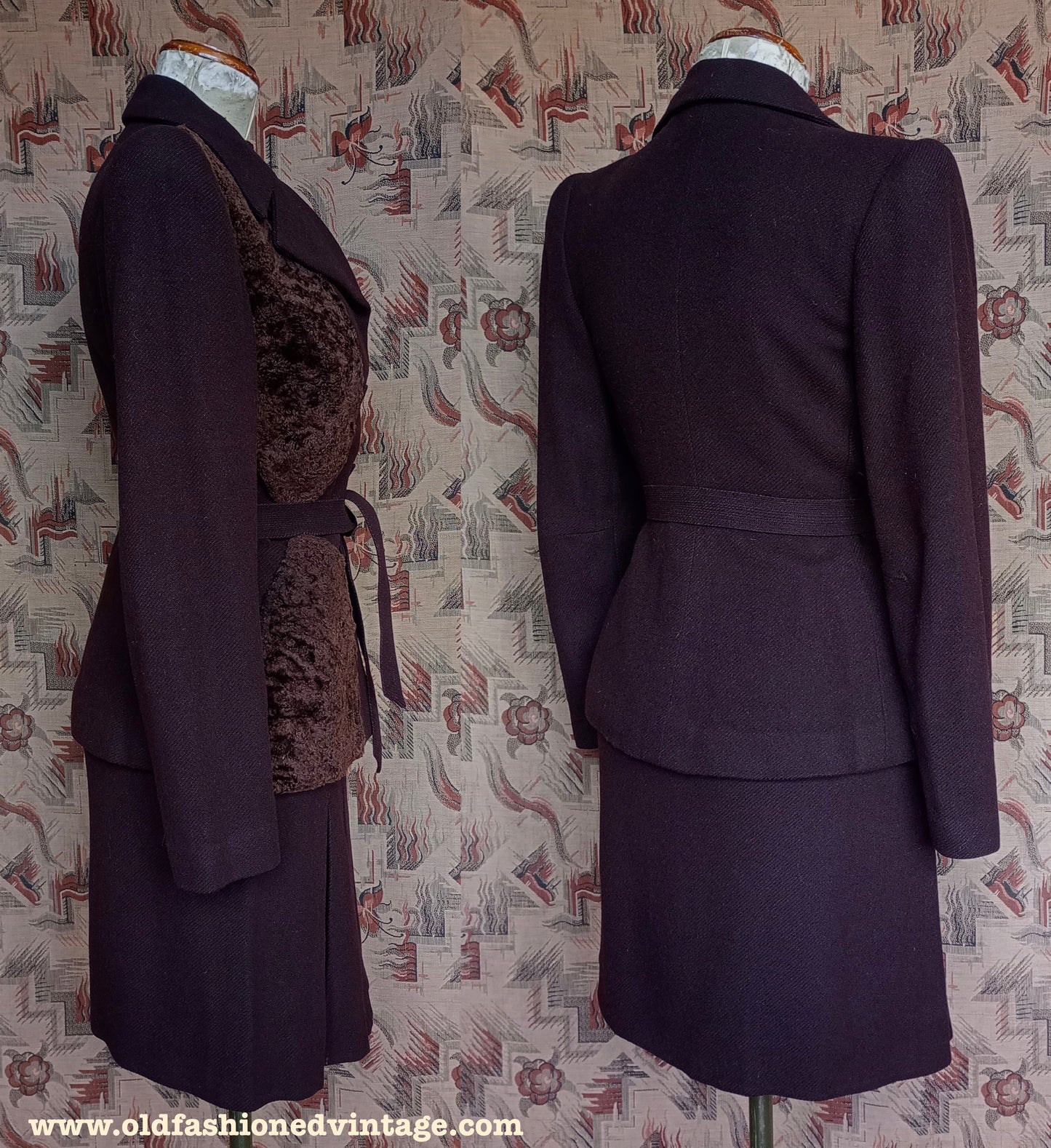 Incredible Vintage 1940s Italian Suit Chocolate Brown Wool Fur Trimmed Jacket Skirt UK M