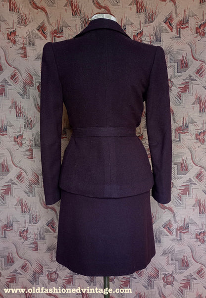 Incredible Vintage 1940s Italian Suit Chocolate Brown Wool Fur Trimmed Jacket Skirt UK M