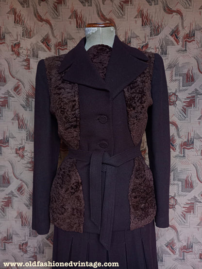 Incredible Vintage 1940s Italian Suit Chocolate Brown Wool Fur Trimmed Jacket Skirt UK M