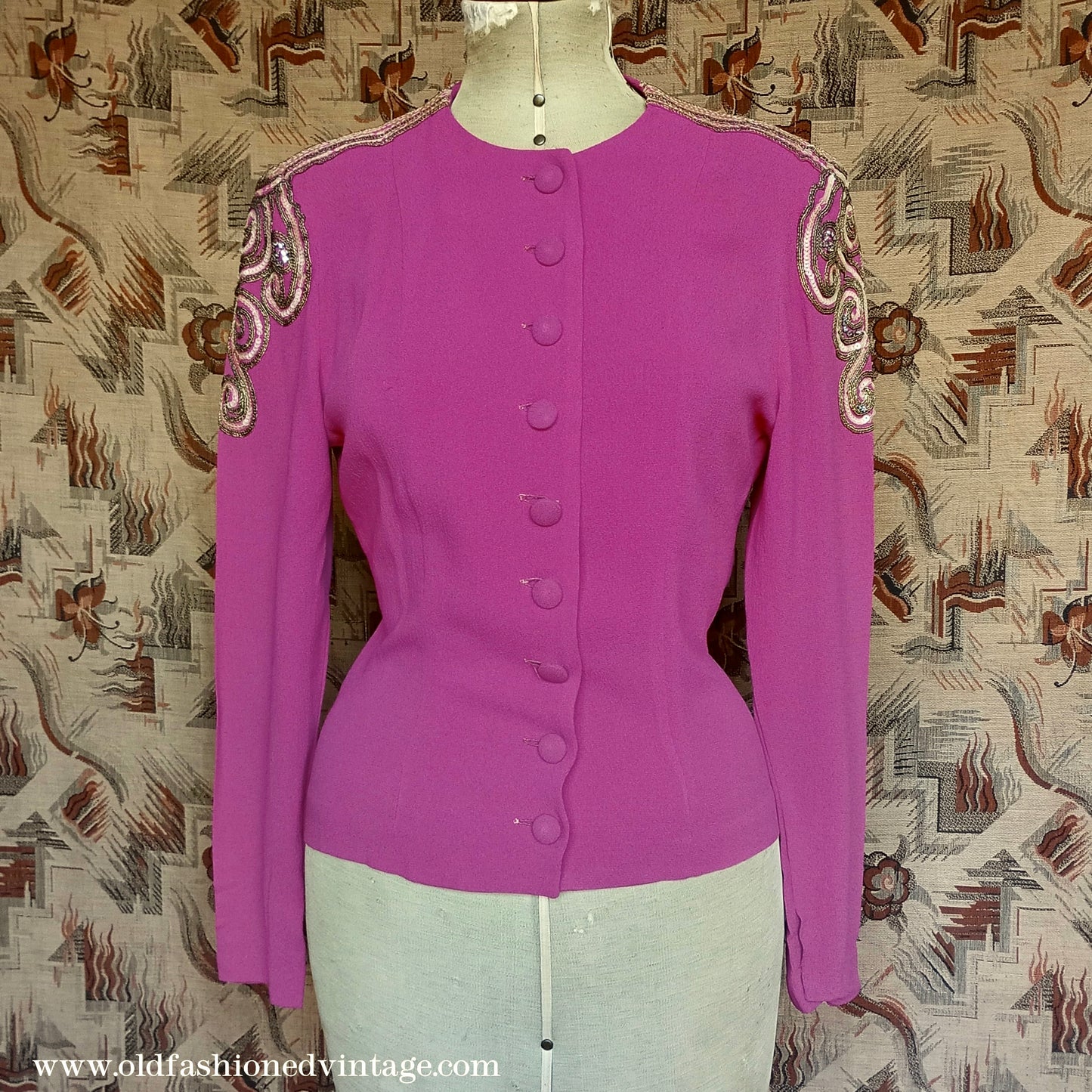 Vintage 1940s Fuchsia Crepe Blouse Gold Sequin Sleeve UK S/M