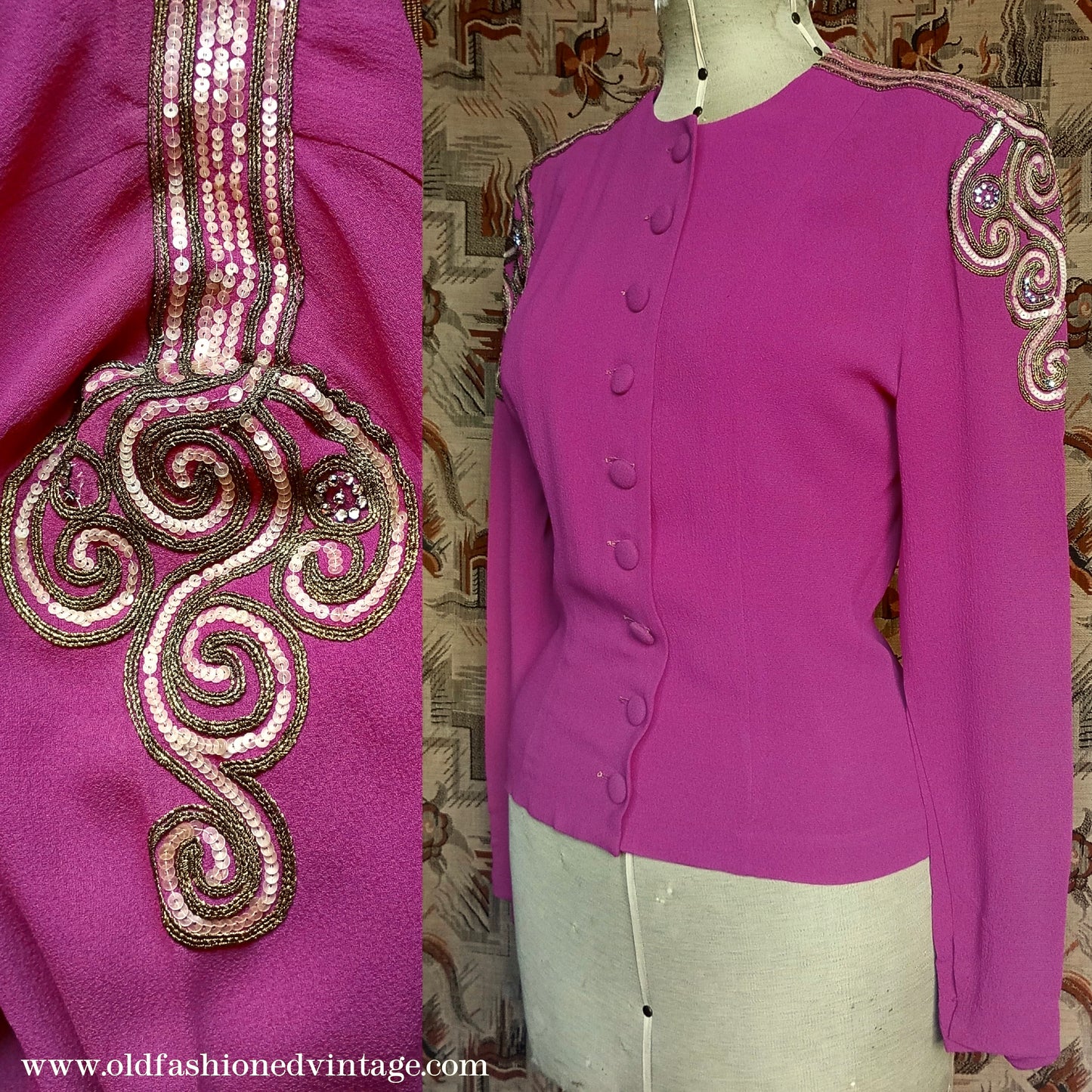 Vintage 1940s Fuchsia Crepe Blouse Gold Sequin Sleeve UK S/M