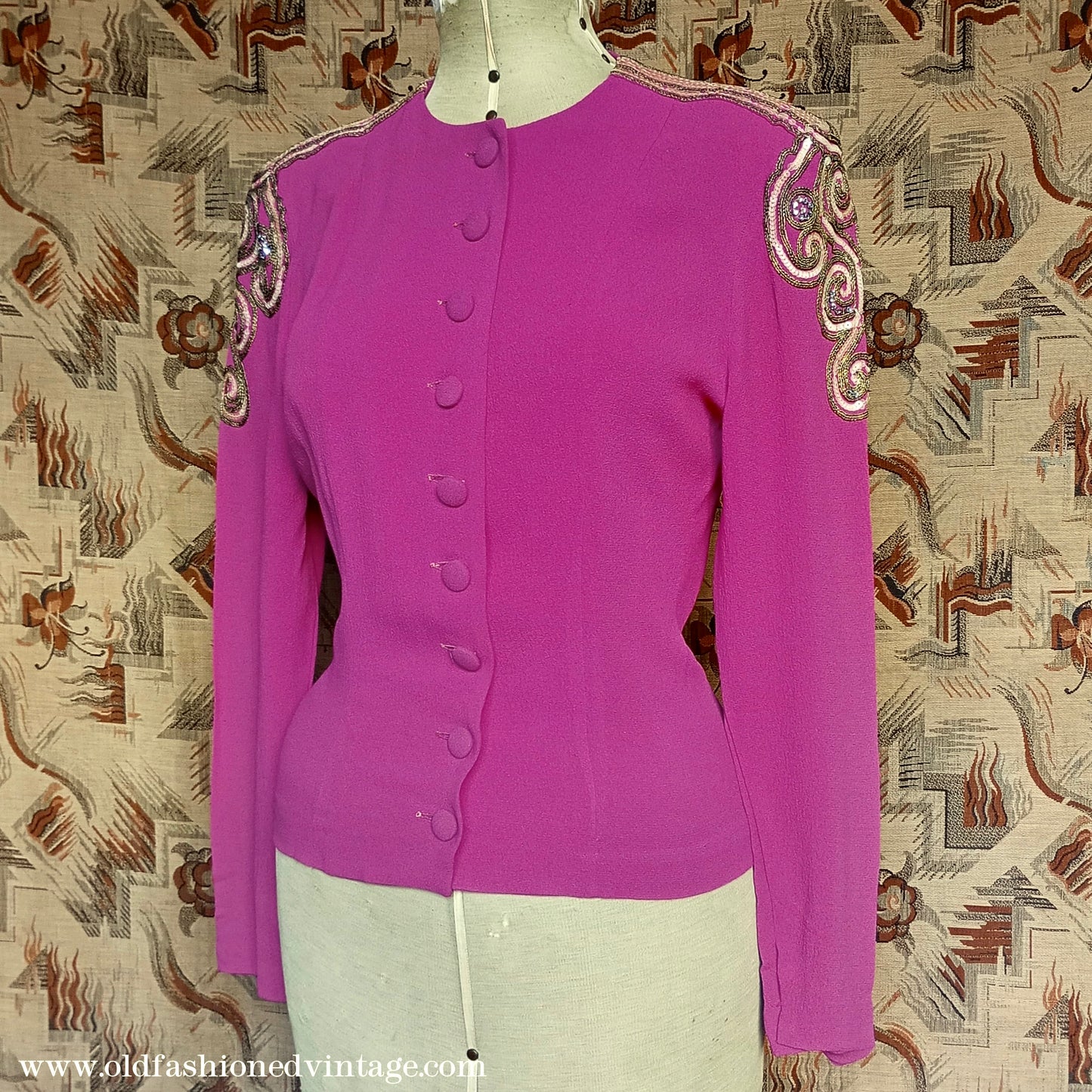 Vintage 1940s Fuchsia Crepe Blouse Gold Sequin Sleeve UK S/M