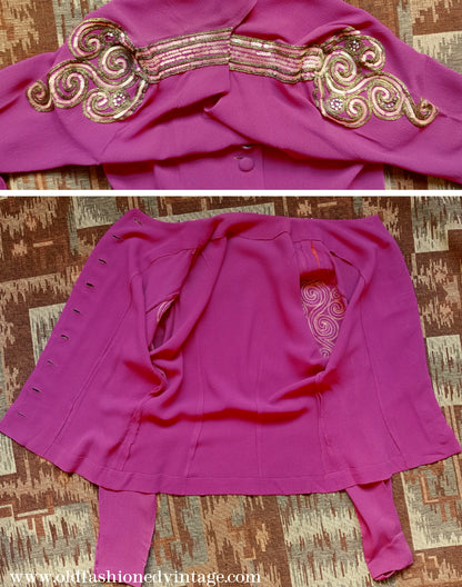 Vintage 1940s Fuchsia Crepe Blouse Gold Sequin Sleeve UK S/M