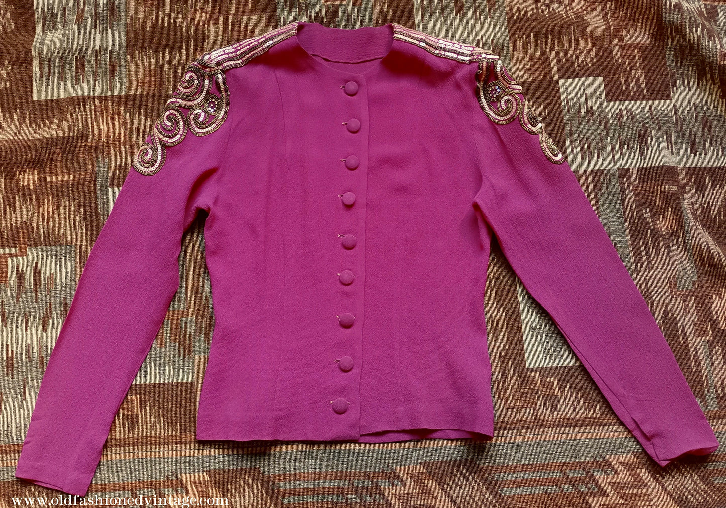 Vintage 1940s Fuchsia Crepe Blouse Gold Sequin Sleeve UK S/M