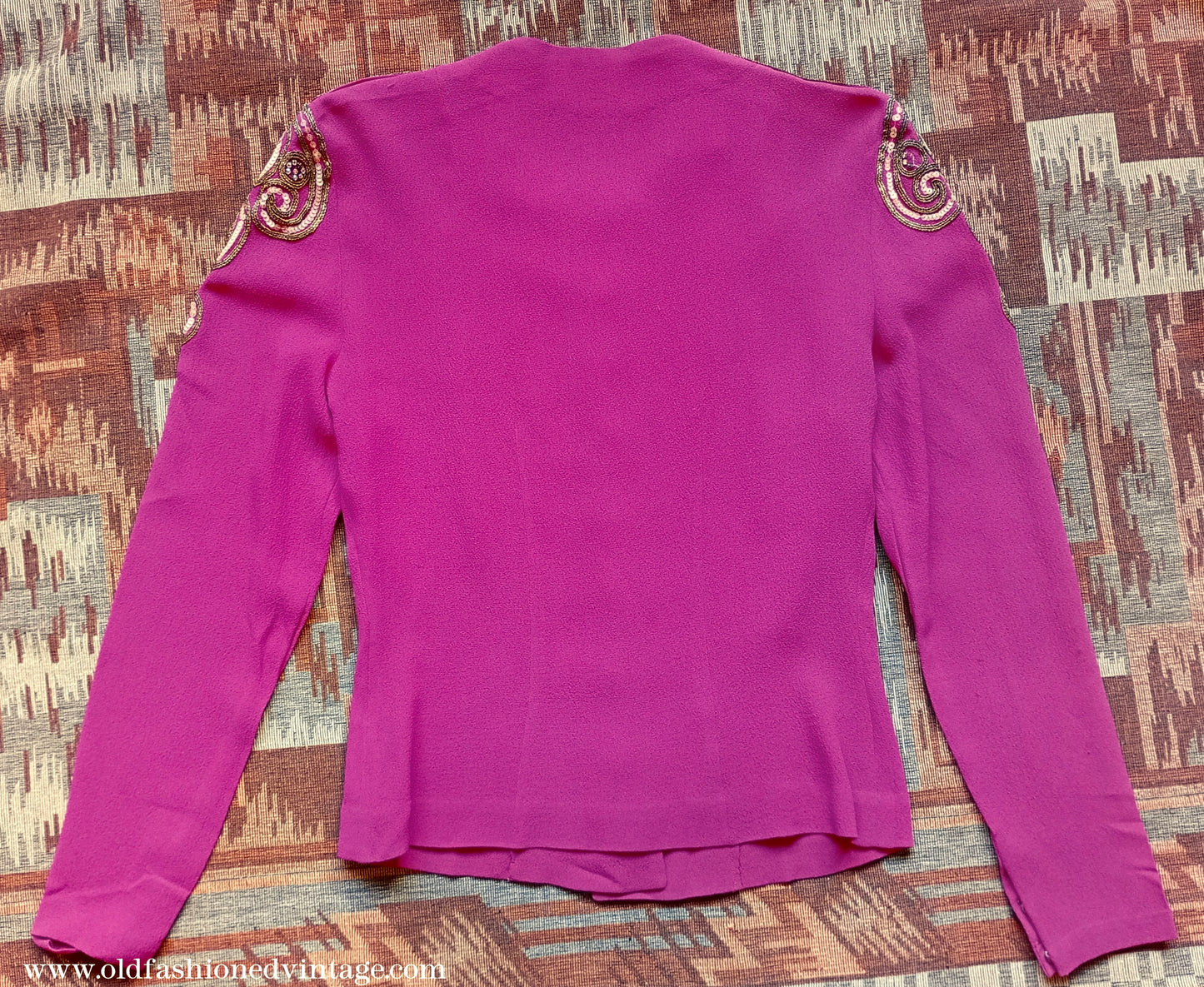 Vintage 1940s Fuchsia Crepe Blouse Gold Sequin Sleeve UK S/M