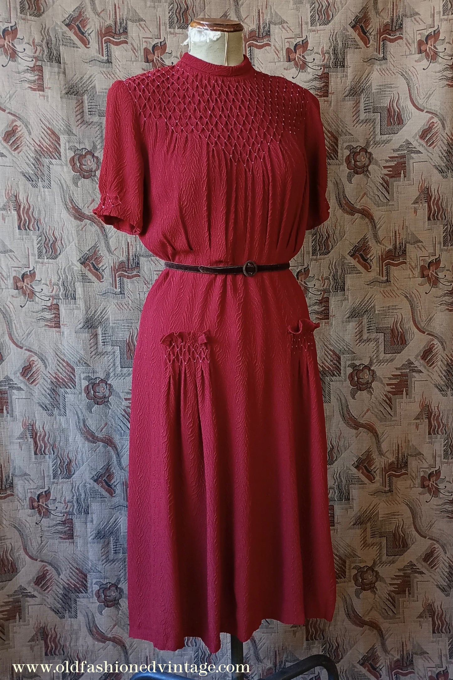 Original 1940s Vintage Dress Smocked Rusty Red Rayon Crepe UK M