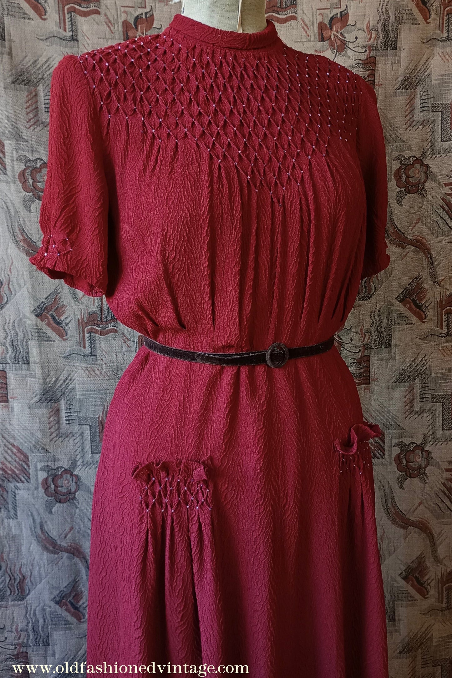 Original 1940s Vintage Dress Smocked Rusty Red Rayon Crepe UK M