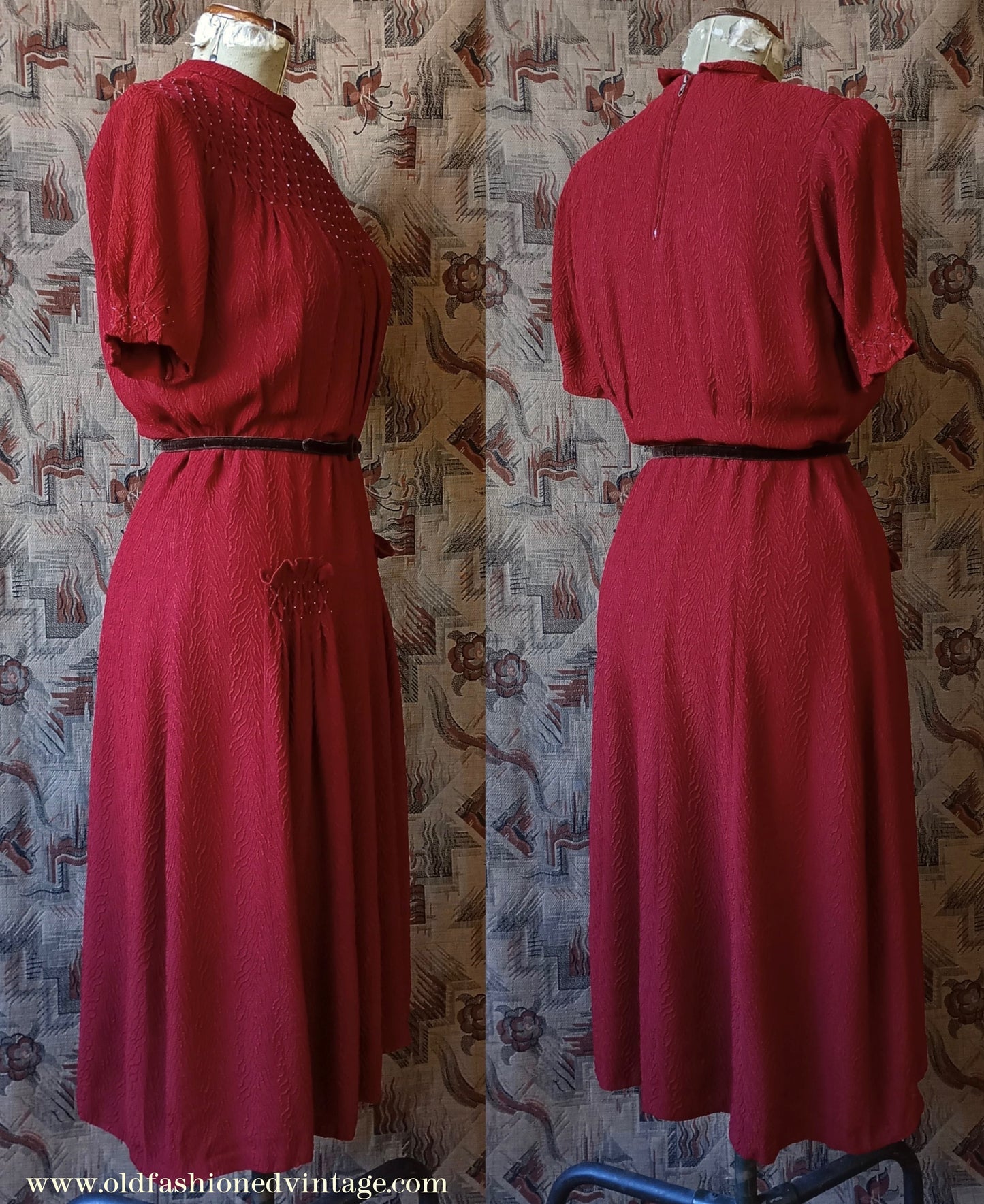 Original 1940s Vintage Dress Smocked Rusty Red Rayon Crepe UK M