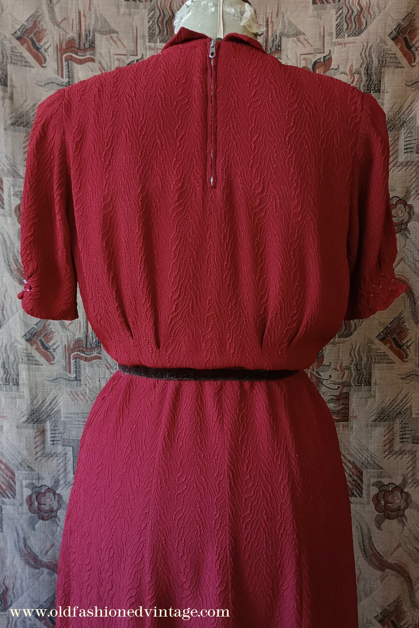 Original 1940s Vintage Dress Smocked Rusty Red Rayon Crepe UK M