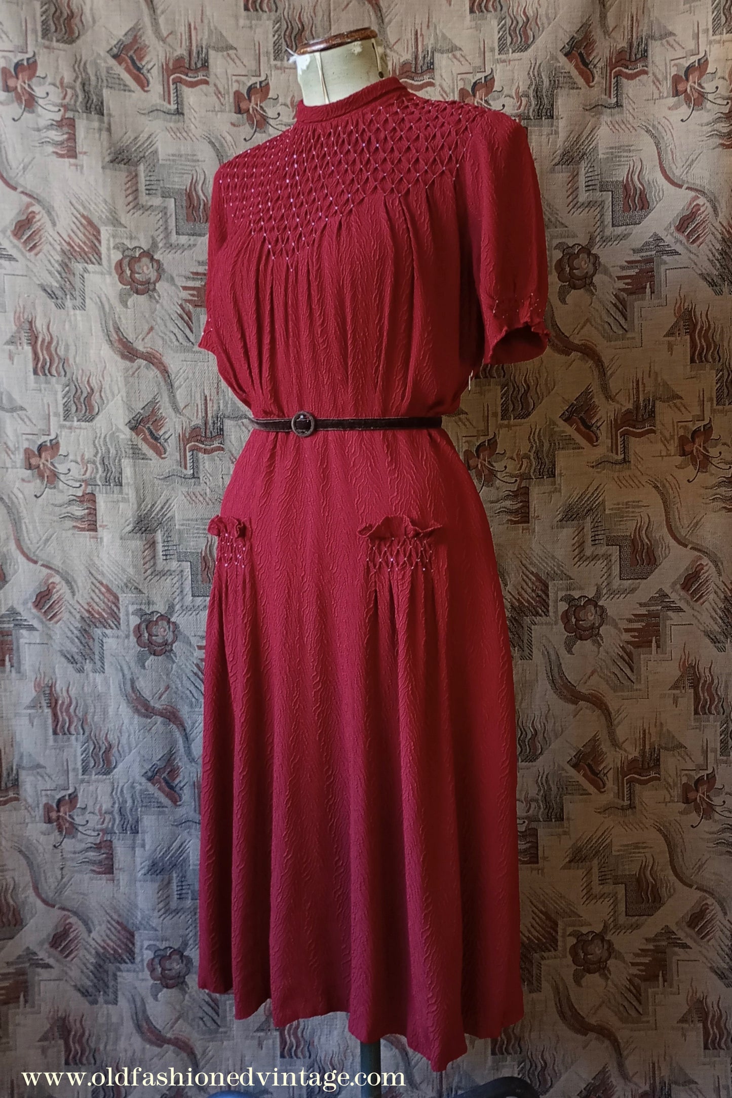 Original 1940s Vintage Dress Smocked Rusty Red Rayon Crepe UK M