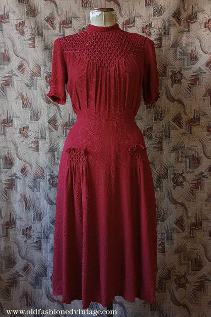 Original 1940s Vintage Dress Smocked Rusty Red Rayon Crepe UK M