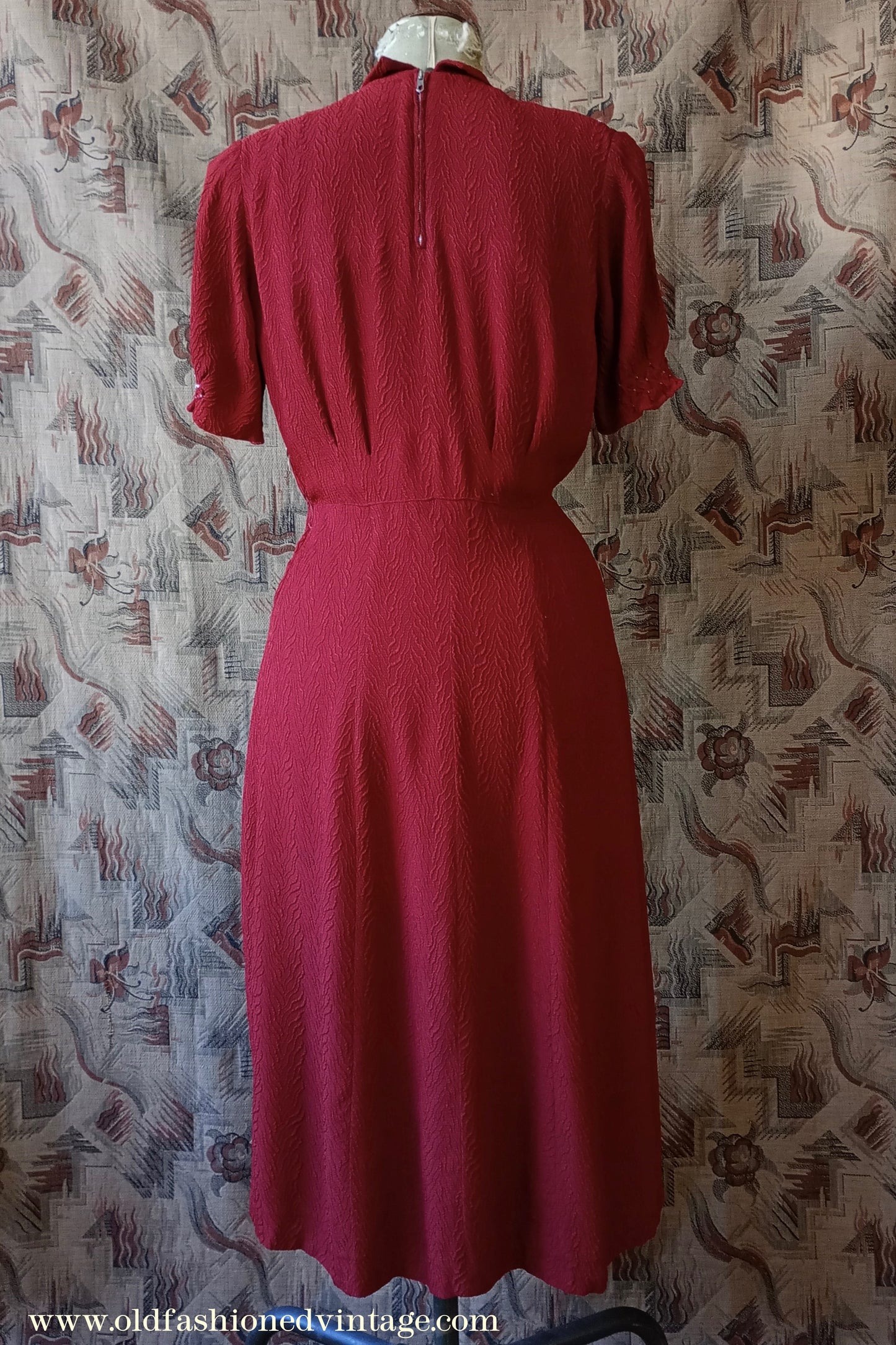 Original 1940s Vintage Dress Smocked Rusty Red Rayon Crepe UK M