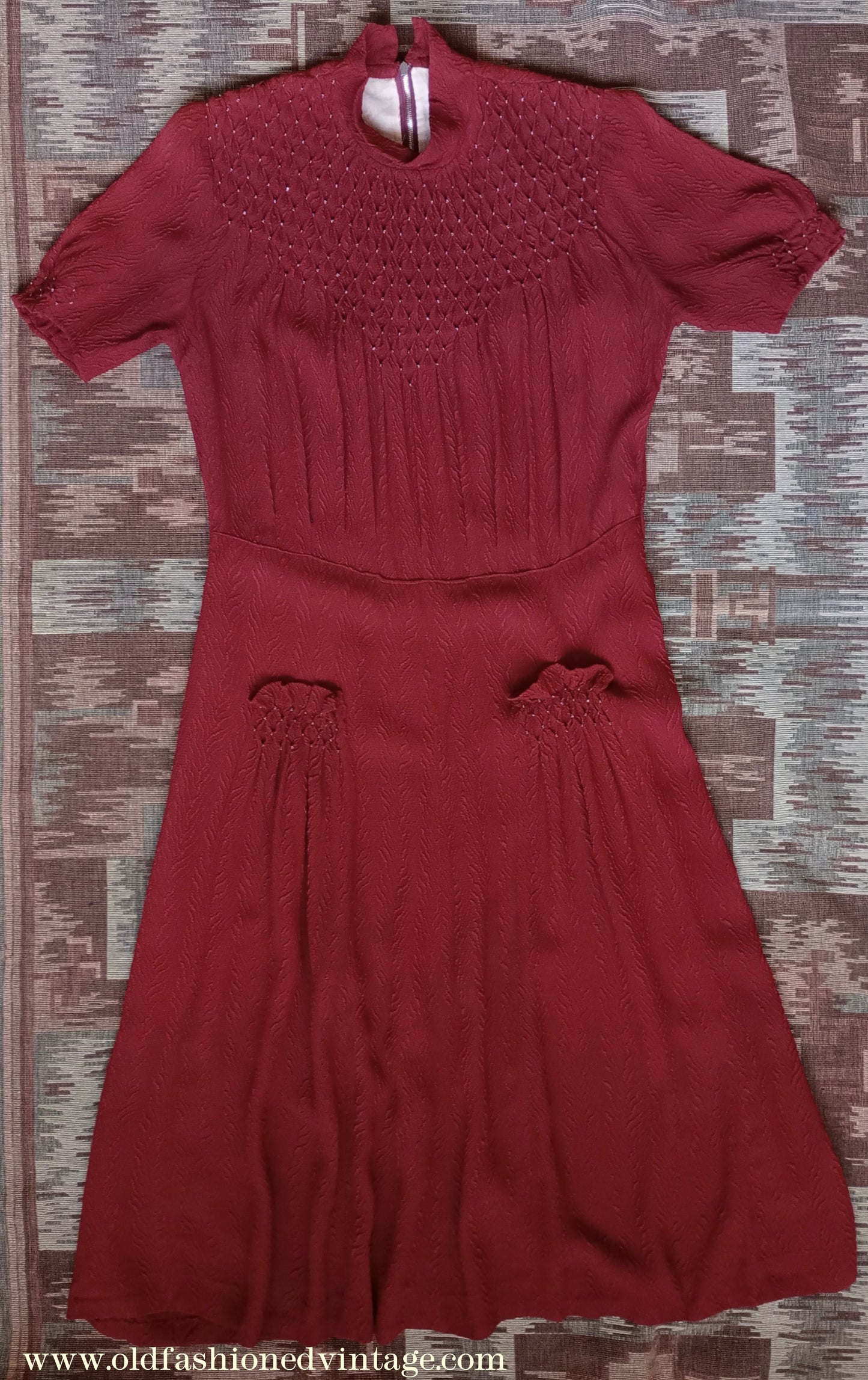 Original 1940s Vintage Dress Smocked Rusty Red Rayon Crepe UK M