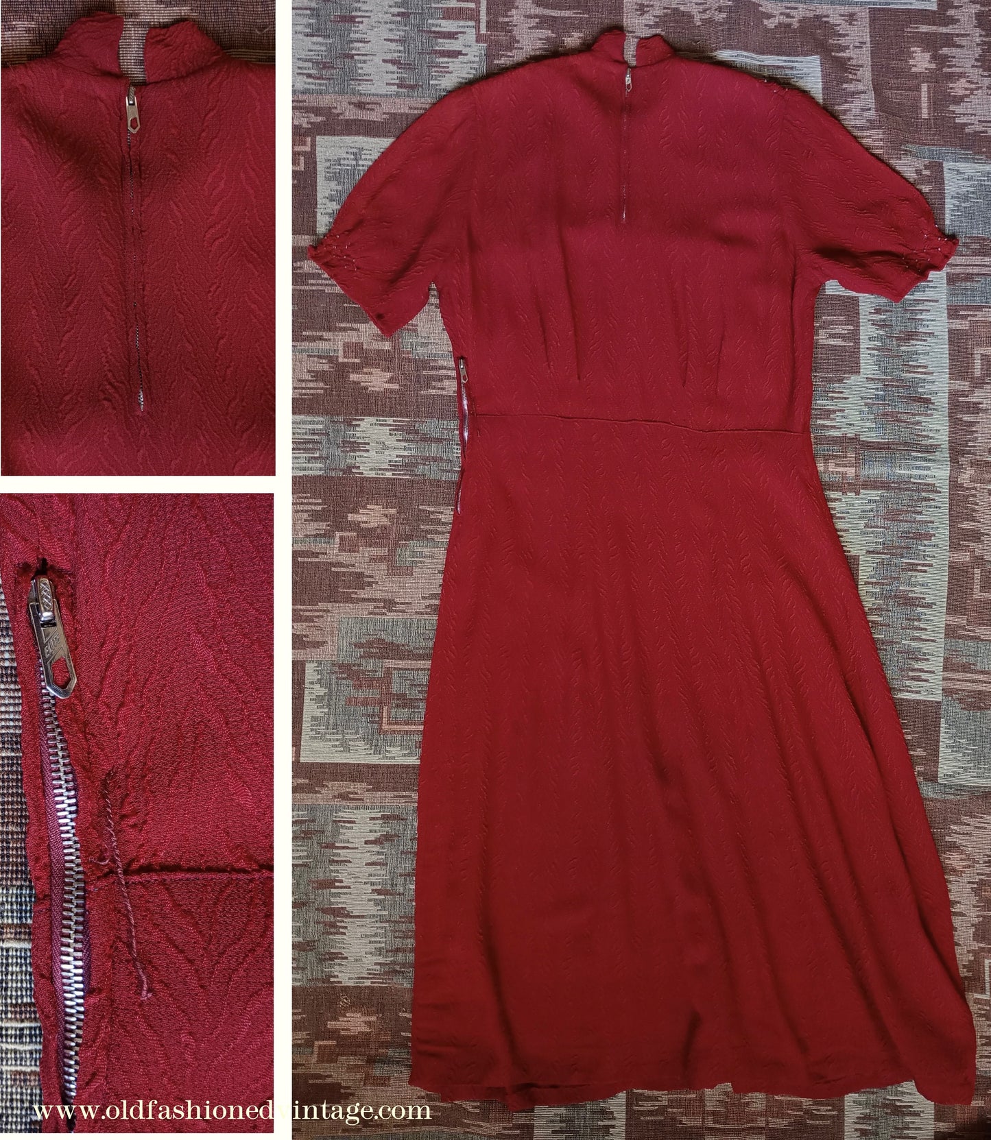 Original 1940s Vintage Dress Smocked Rusty Red Rayon Crepe UK M