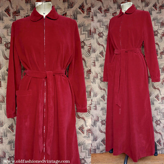 Vintage 1940s Red Corduroy Dressing Zip Gown Robe Housecoat UK M/L