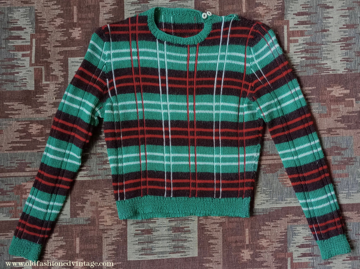 Original Vintage 1940s Hand Knitted Plaid Tartan Sweater Fair Isle Green Red Jumper 40s UK S