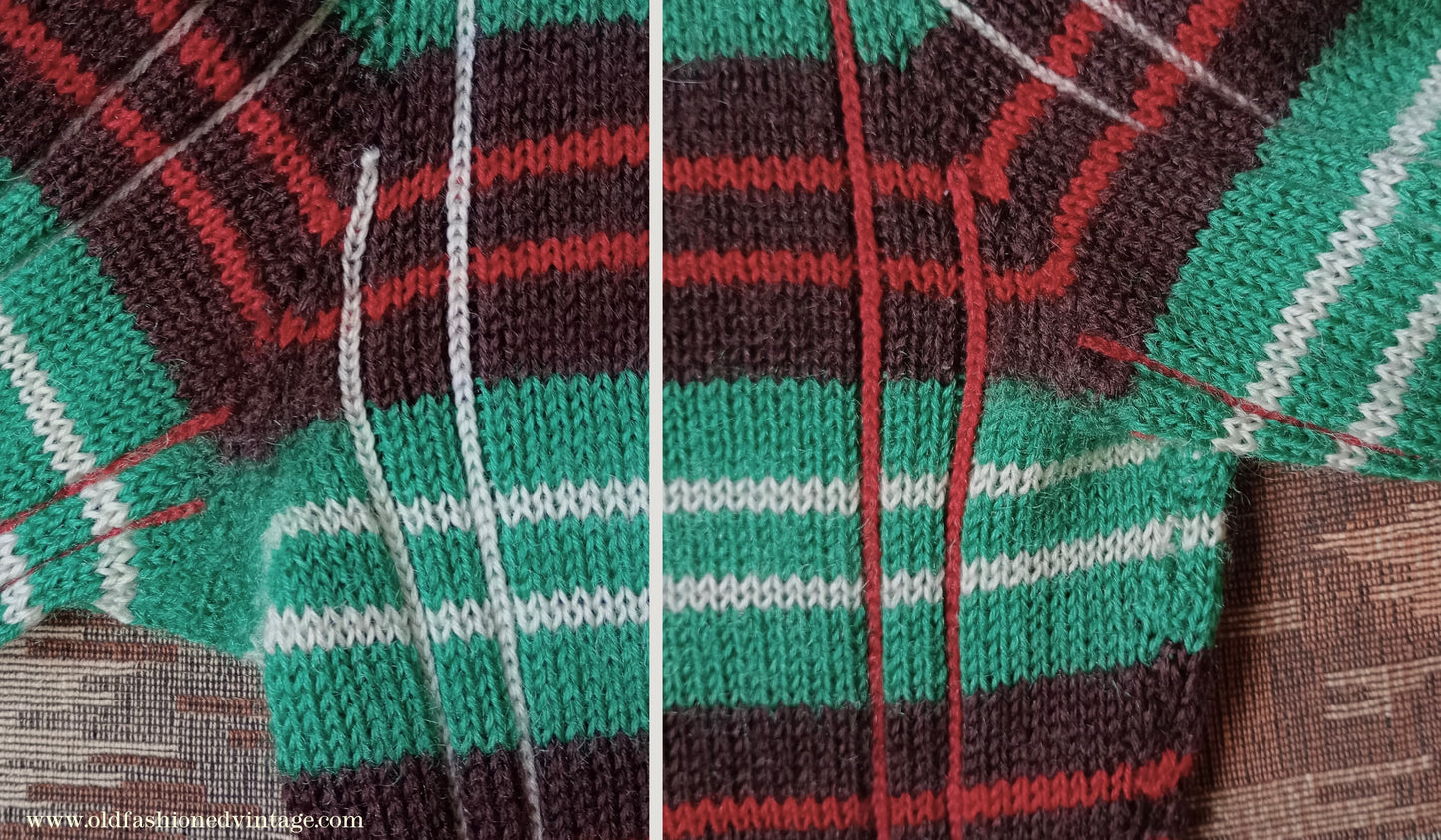 Original Vintage 1940s Hand Knitted Plaid Tartan Sweater Fair Isle Green Red Jumper 40s UK S