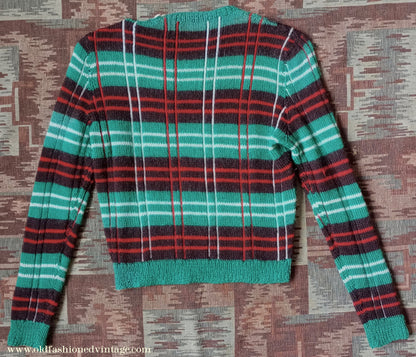 Original Vintage 1940s Hand Knitted Plaid Tartan Sweater Fair Isle Green Red Jumper 40s UK S