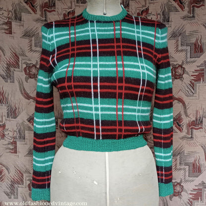 Original Vintage 1940s Hand Knitted Plaid Tartan Sweater Fair Isle Green Red Jumper 40s UK S