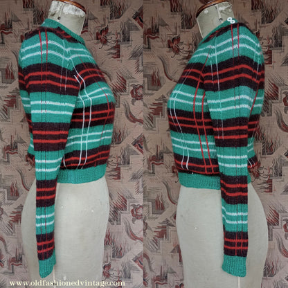 Original Vintage 1940s Hand Knitted Plaid Tartan Sweater Fair Isle Green Red Jumper 40s UK S